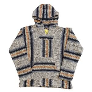 Iguana Jack Earth Ragz Baja Hoodie Mens Medium Blue Striped Drug Rug Pullover
